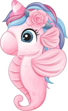 a pink pony with blue hair and flowers on its head