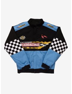 a black and blue racing jacket with checkered detailing on the chest, front and back