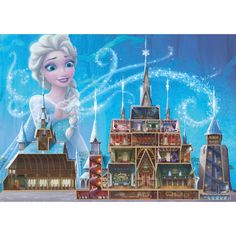 an image of a frozen princess castle with snowflakes on the roof and buildings around it