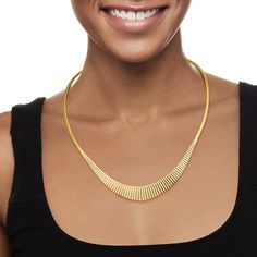 Ross-Simons - Italian 18kt Gold Over Sterling Graduated Cleopatra Necklace. 18". From Italy, this beautiful 18kt yellow gold over sterling silver graduated Cleopatra necklace is one shimmering statement. The simple ribbed design is enhanced with a polished finish, emitting a glorious glow with every slight move. Omega chain. Graduates from 1/8" to 1/2" wide. Lobster clasp, 18kt gold over sterling graduated Cleopatra necklace. Cleopatra Necklace, Toga Party, Lobster Clasp, Fine Jewelry, Yellow Gold, Italy, Sterling Silver, Chain, Yellow