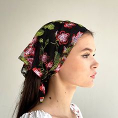 Bandana for women made of embroidered lace with flowers - soft and pleasant to the touch. Elegant decision for this summer season. The scarf will cover your hair in windy weather all the day. 👌 The perfect solution for hair that prone to breakage! The scarf has one layer of fabric, so it is light and comfortable to wear. Also, lace fabric is highly breathable, so it is not hot in it even in very hot weather. SIZE: One universal size fits all. Dimension: length - 23.5 in. (60 cm) width - 11 in. (28 cm) SEND AS GIFT: ❤️ If you need a gift box, congratulatory message and express shipping, you can choose it all during checkout the order in the cart. (You can type the words, what you want).  EXPRESS SHIPPING: USA - FedEx shipping available within 2 days and overnight - 1 day. WORLDWIDE - DHL e Summer Vacation Bandana, Spring Beach Bandana Headband, Beach Bandana As Headband, Bohemian Bandana For Spring Vacation, Spring Headscarf One Size Fits Most, Spring Festival Headscarf One Size, Black Bandana For Summer Beach Outings, Black Bandana For Summer Beach, Black Bandana For Beach And Summer