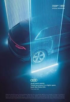 an advertisement for the new audi car in blue light with a futuristic design on it