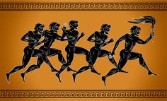 the silhouettes of running people are depicted on an orange background with black outline, which is very similar to those in ancient greek art