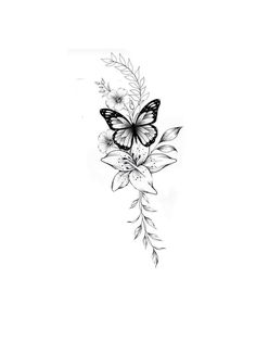 a black and white drawing of a butterfly with flowers on its back side, sitting on top of a branch