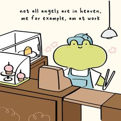 a cartoon character sitting at a desk in front of a computer monitor with the caption not all angels are in heaven, me for example, am at work