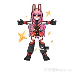 an anime character with pink hair and black gloves, standing in front of yellow stars