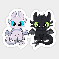 two stickers with different types of dragon and bat designs on them, one is white and the other is black