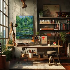 an artist's studio with lots of art work on the desk and shelves full of books