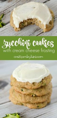 zucchini cookies with cream cheese frosting are stacked on top of each other