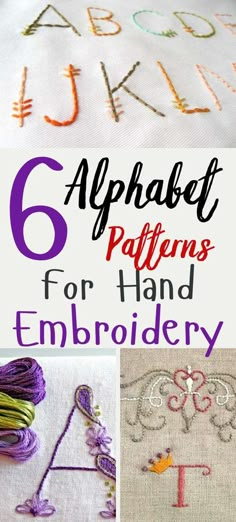 six different hand embroidery designs with the words alphabets and letters on them, including one for