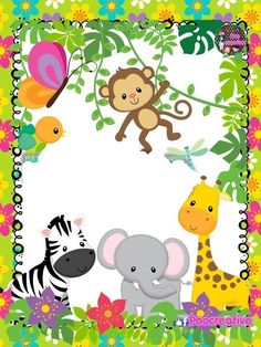 an animal and giraffe frame is shown in this colorful photo with flowers on it