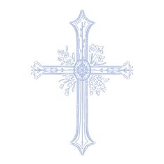 a cross with an ornate design on the front and back side, in blue ink