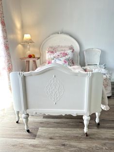 ATTENTION!! NEED SHIPPING QUOTE! This is an adorable and romantic white painted wooden bed, accommodating twin size mattresses. This piece is one of a kind and has tons of shabby chic charm. Bed comes complete with headboard, footboard, 2 side rails and 4 slats. (*No mattress) There are 4 wheels on the footboard and 2 wheels on the headboard.  Excellent vintage condition and sturdy in its age!  Measures: 79"L x 42"W  x 55"H PLEASE NOTE : This piece is vintage, has been loved, so it may have age-consistent wear & tear, slight imperfections. Small imperfections or discolorations are not uncommon with vintage and do not always register clearly in photos. These imperfections give the piece character and let the piece tell a store. Please take a minute to stop by our shop and peruse the other w Shabby Chic Twin Bedding, Shabby Chic Bed Frame, White Twin Bed, Shabby Chic White, Wooden Beds, Harbor City, Twin Headboard, Vintage Twins, Twin Mattress Size