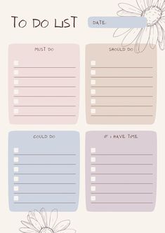 a to do list with a flower on the front and back side, in pastel colors