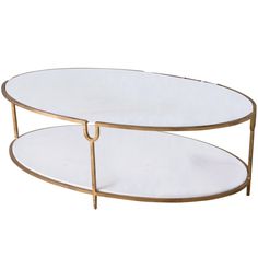 an oval glass and metal coffee table with two shelves on one side, the top is white