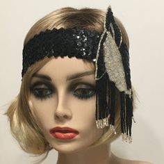 1920s Headband, Flapper Headband, Gatsby Headband, Flapper Headpiece, Art Deco headband, Sequin Headband, Great Gatsby, 1920s Accessories Reminiscent of the flapper forehead bands worn in the 1920's era. This Flapper headband is made with 1 3/4 inch black sequin stretch trim. The headband features a black and silver beaded centerpiece with strands of beads. The exquisite applique is completely lined with eco felt for a smooth feel. Each piece is designed and uniquely made one at a time with much Headpiece Art, Sequin Headband, 1920s Accessories, 1920s Headband, Flapper Headpiece, Gatsby Headband, Flapper Headband, Great Gatsby, Hair Accessories Headbands