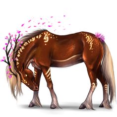 a brown horse with pink flowers on it's mane