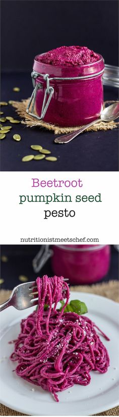 beetroot pumpkin seed pesto in a glass jar