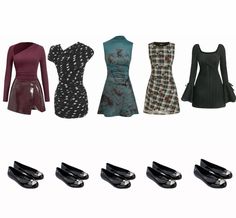 four different types of dresses and shoes are shown in this image, including one with heels