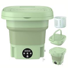 an image of a green ice bucket with lid and strainer set up on white background