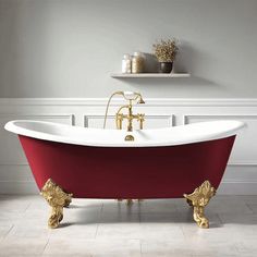 Classic Cast-Iron Clawfoot Bath Tub Red Bath Tub, Cast Iron Bathtub, White Tub, Small Tub, Fireplace Garden, Wine Red Color, Rim Design, Procreate Ipad