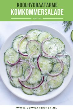 cucumber and onion salad in a white bowl on a table with dressings