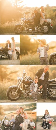 the family is sitting on their motorcycle in the field and posing for pictures with each other