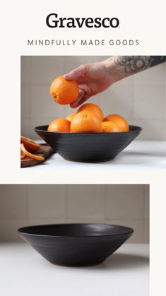 photo of a black handmade ceramic bowl filled with oranges and a woman's hand picking one of the oranges out of the bowl Anthropologie Bowls, Ceramic Fruit Bowl Sin, Large Hand Built Bowl, Organic Bowl Ceramic, Shallow Ceramic Bowl, Stoneware Dishes, Prep Kitchen