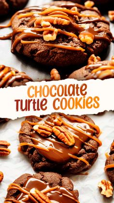 chocolate turtle cookies with caramel drizzle and pecans on the top one