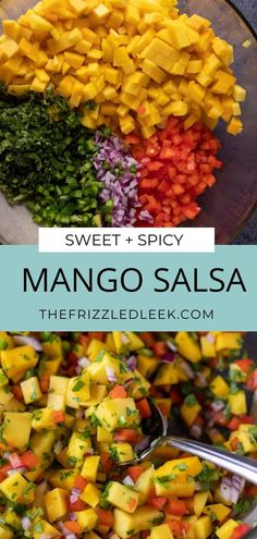 mango salsa in a glass bowl with text overlay