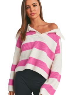 Trendy Sweater, Perfect Fall Outfit, Trendy Sweaters, Favorite Sweater, Collar Sweater, Preppy Outfits, Striped Knit, Pink Sweater, Blue Sweaters