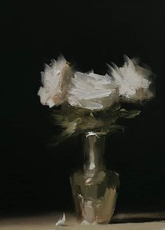 a painting of white flowers in a silver vase on a black background with the light coming from behind it