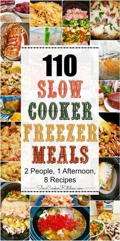 the top ten slow cooker freeze meals are shown in this collage with text overlay