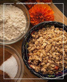 three bowls with oatmeal and other ingredients in them on a wooden table