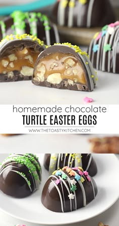 homemade chocolate turtle easter eggs on a plate