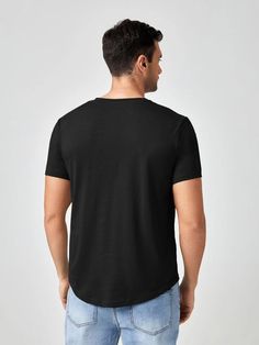 Manfinity Basics Men 100% Cotton Solid Round Neck Tee | SHEIN USA Blank T Shirt, Black T Shirts, Blank T Shirts, Round Neck Tees, Men Tops, Plain Black, Black T Shirt, Wearing Black