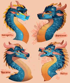 three different types of blue and orange dragon heads with their names in spanish on them