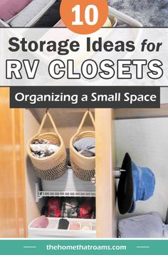 RV closet with bins, custom shelf, and baskets Rv Storage Organization, Campsite Decorating, Diy Closet Shelves