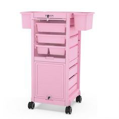 a pink cart with drawers and wheels on it's sides, against a white background