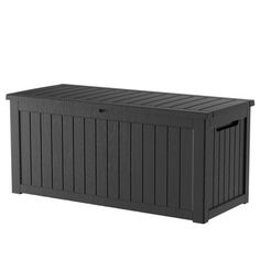 an outdoor storage box with the lid closed and no doors on it, in front of a white background