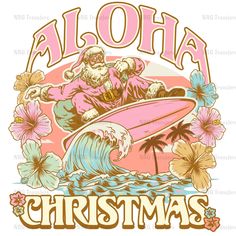 a santa clause surfing on the ocean with flowers and palm trees in front of it