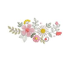 an embroidery design with flowers and leaves on the side of a white background, in pastel colors