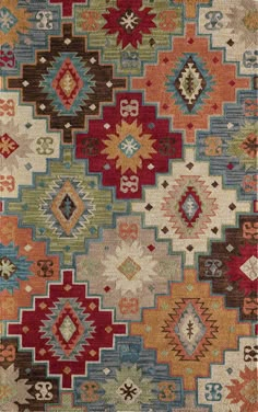 a multicolored rug with many different designs