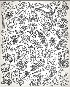 a black and white drawing of many different designs