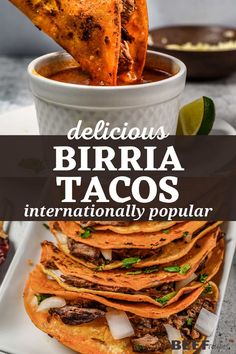 delicious burritos are served in a white bowl with text overlay that reads delicious burritos birri tacos internationally popular