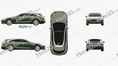 an overhead view of a green car with four different views on the front, side and back