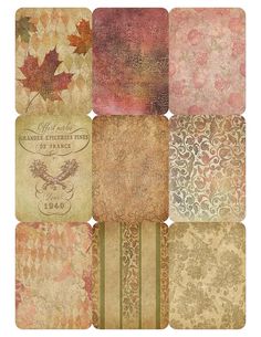 an assortment of vintage papers with autumn leaves on them