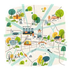 an illustrated map of a city with trees, buildings and people walking on the street