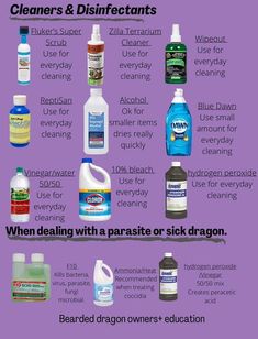 a poster with different types of cleaners and disinfectants on it's side