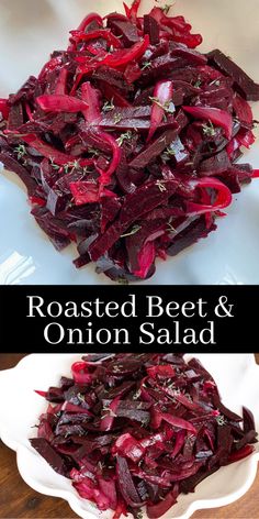 roasted beet and onion salad in a white bowl